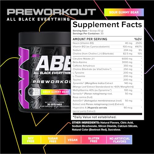 Image of All Black Everything Pre-Workout Powder | Preworkout Energy Drink Mix | 350mg Caffeine | Beta Alanine & Citrulline | Energy Supplement for Men & Women | Sour Gummy Bear | 30 Servings