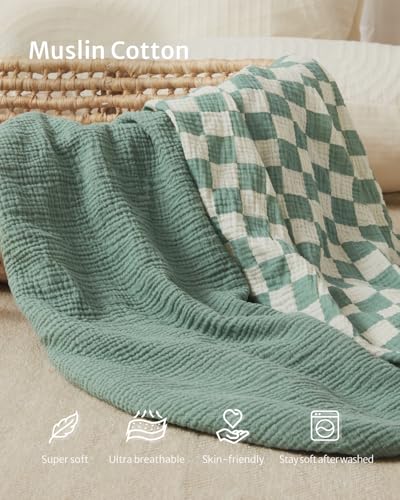 Image of Blissful Diary Muslin Mini Crib Sheets, Pack and Play Mattress Sheets Fitted for Pack N Play, Soft Cotton for Boys Girls, 2 Pack(Sage Checkboard & Sage Green)