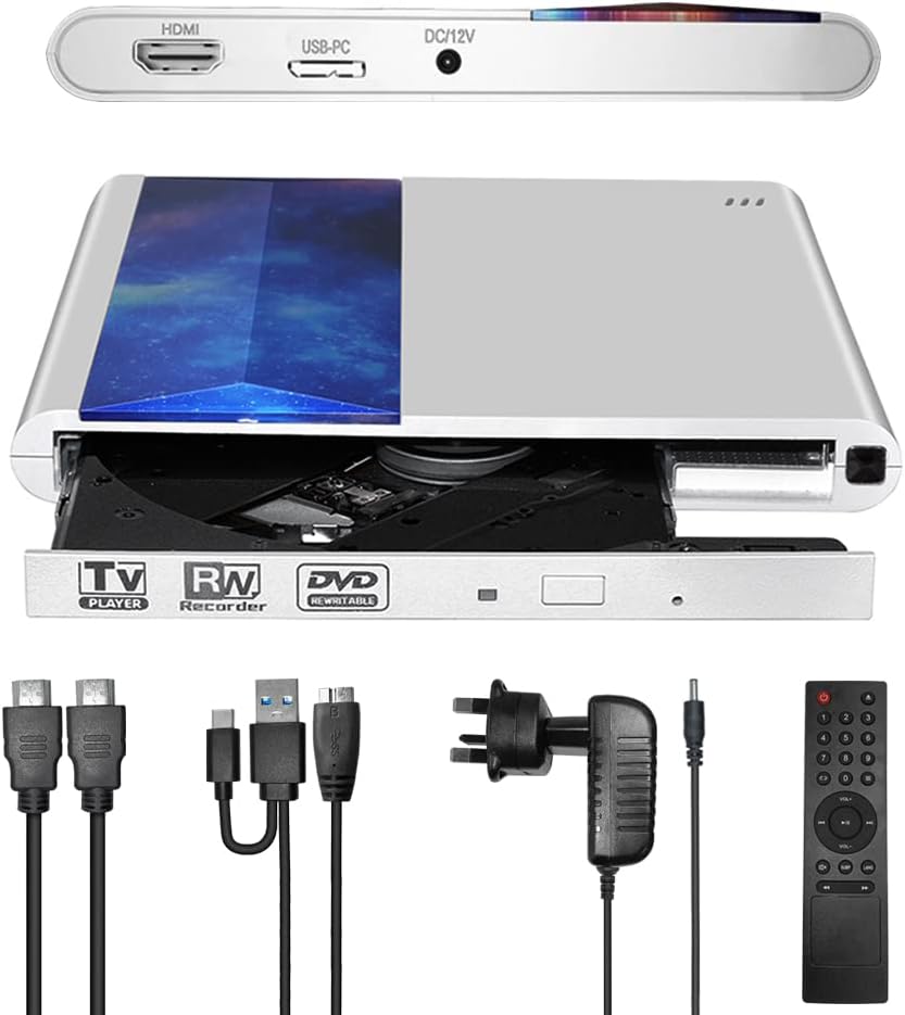 External CD Drive,DVD Drive Support Connecting HD TV,USB 3.0 & Type-c Portable CD/DVD +/-RW Rewriter Burner Portable High Speed Data Transfer Compatible with TV Laptop Desktop PC