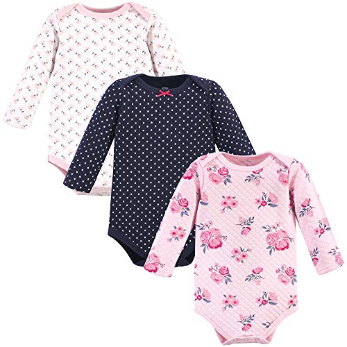Hudson Baby Unisex Baby Quilted Long Sleeve Cotton Bodysuits, Pink Navy Floral, 12-18 Months