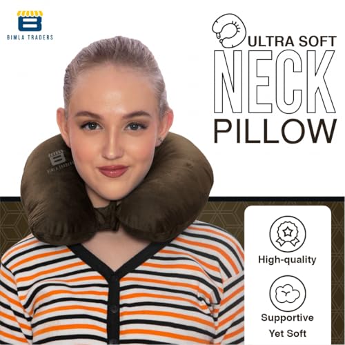 Image of CRAE Travel Neck Pillow for Men & Women | Soft Fibre Cushion for Flight, Car & Train | Soft Velvet Fabric with Attachable Snap Strap | Cervical Support for Neck Pain Relief.Pack of 1(Brown)