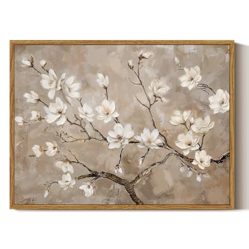 ARPEOTCY Leinwand Bilder mit Rahmen, 40 x 30cm, Blumen Wandbilder, Modernes Weiß Beige wand deko für Wohnzimmer Schlafzimmer Küche, Vintage...