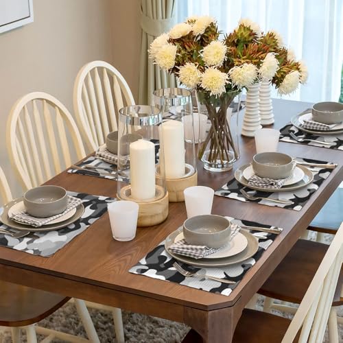 Set de table aspect lin camouflage noir gris blanc x6 - 45x30cm lavable