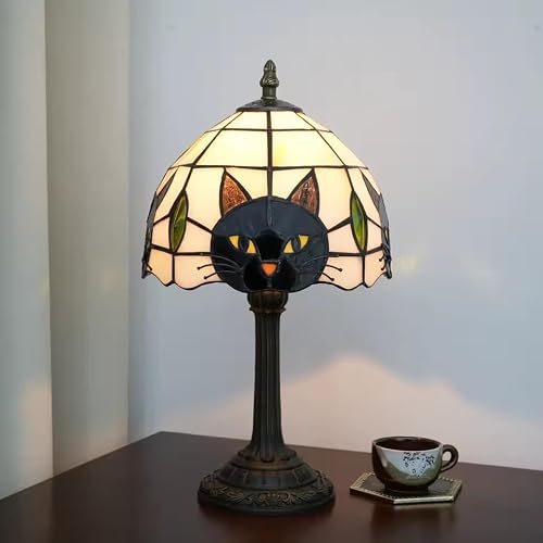 Image of Elegant Tiffany Style Table Lamp Black Cat Bedside Desk Resin & Glass Lamp