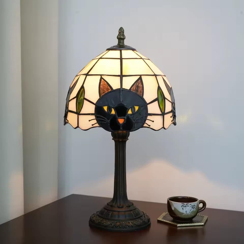 Elegant Tiffany Style Table Lamp Black Cat Bedside Desk Resin & Glass Lamp
