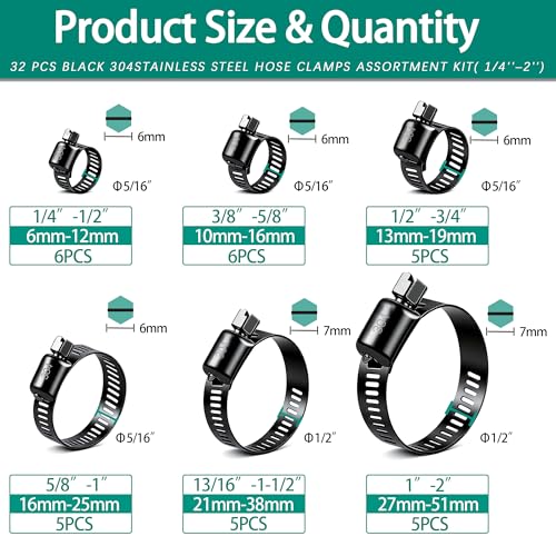 Image of Dianrui 32 PCS Black Hose Clamps Assortment Kit 1 /4 inch-2 inch (6-51mm) Hose Clamps Stainless Steel 304 Worm Gear Fuel Line Hose Clamp for pipe, Fuel Line, Plumbing, Intercooler, Tube, Automotive and Marine