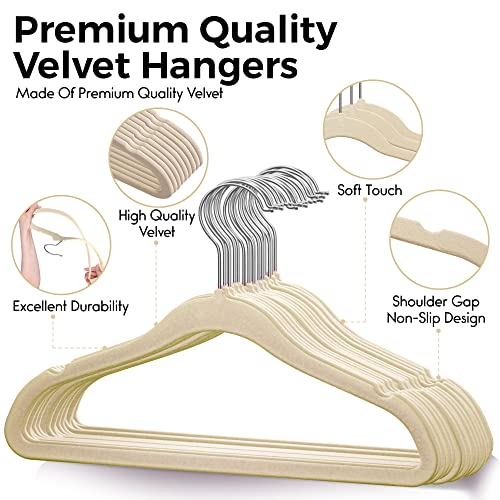 Techzoo 50 Premium Kids Velvet Hangers - 14" Inch Non-Slip Kids Hangers - Ultra Slim Space Saving Children Hangers - 360°Swivel Hook, Strong & Durable Kids & Preteen Hangers - Ivory #TOP1