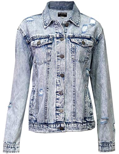 TOP LEGGING Womens Denim Jean Jacket, Distressed Button Oversized Jacket Regular & Plus Size 175J_WASH L