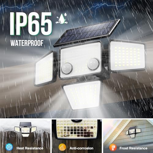 LYWALT 태양열 야외 조명 - 3000LM 188 LED 모션 센서 야외 조명, 4 헤드 보안 조명, IP65 방수, 쉬운 설치, 뒷마당 마당용 3가지 모드가 있는 270° 광각 투광 벽 조명 — 사진 6