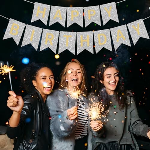 Image of Silver Happy Birthday Banner - 16 ft Pre-Strung Gold & Silver Birthday Party Decorations Sign for Girls, Boys, Kids, Women - No DIY Hanging Backdrop for Indoor & Outdoor Celebrations