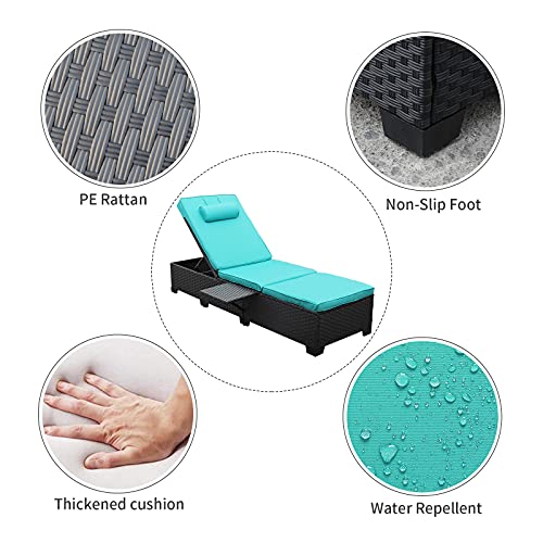 Outdoor Pe Wicker Chaise Lounge For Outside - 2 Piece Patio Set Black Rattan Reclining Sunbathing Chair Beach Poolside Adjustable Backrest Recliners With Furniture Cover And Turquoise Cushions #TOP3