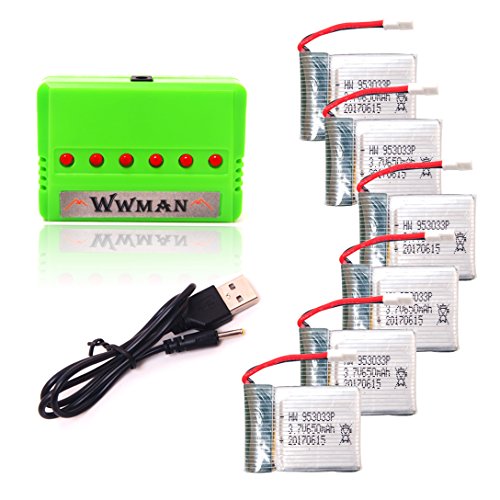 Wwman 6pcs 3.7V 650mAh Batteries and 1to6 Battery Charger for Q1012 X8tw Skyhunter Drone X8 Q9 Rc Quadcopter Drone Spare Parts