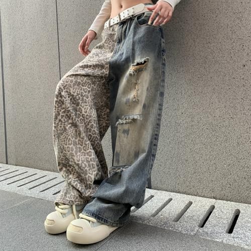 Baggy Jeans Men Y2k Ripped Leopard Print Jeans Washed Distressed Wide Leg Denim Pants Parachute Hip Pop2
