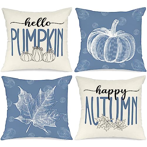 Ywlake Blue 18x18 Throw Fall Pillow Covers Set of 4, Maple Leaf Pumpkin Decorative Holiday 18 x 18 Autumn Cushion Covers Thanksgiving Pillow Case for Indoor Home Bedroom Couch Sofa Decor