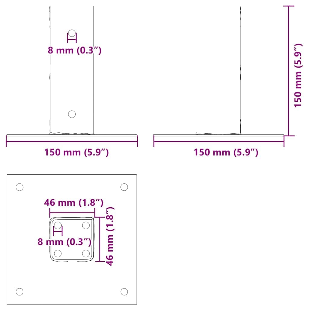 Postes cuadrados 46 x 46 mm, 12 unidades, acero con recubrimiento en polvo, soporte estable para postes de vallas, madera, metal, WPC, ideal para terraza, jardín, balcón, montaje y