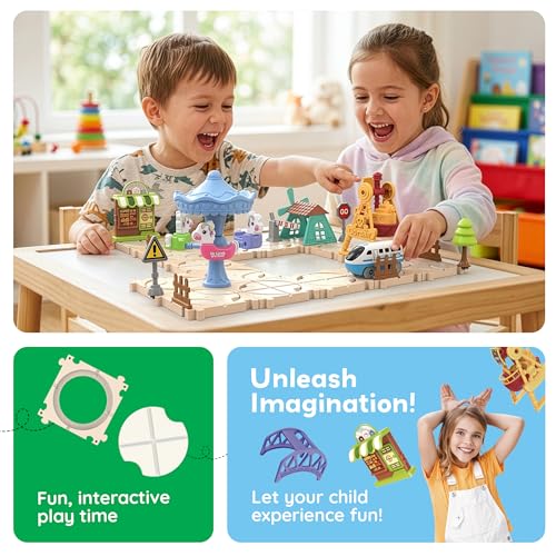 Image of PicassoTiles 74PC Train Track Builder Rotating Reversible Engineering Playset w /Vehicle & Decorative Accessories Car Racetrack Building Block Construction Set Road Game STEM Learning Toy Age 3+ PTR23