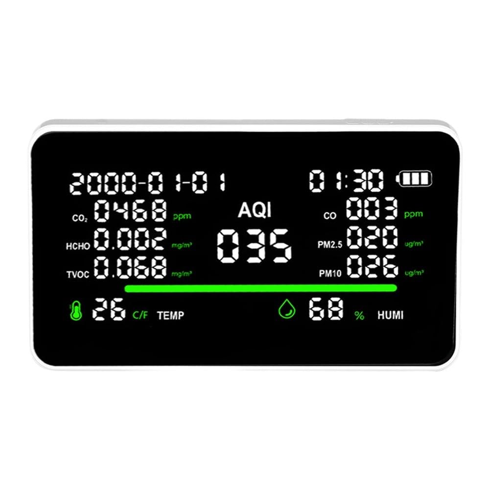 Monitor de calidad del aire interior 11 en 1 con pantalla de 7 pulgadas para sensor de humedad de temperatura CO2 PM2.5 PM10 HCHO TVOC, batería USB-C de 850 mAh