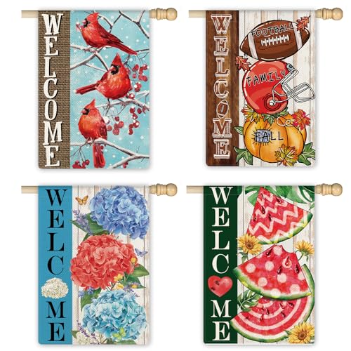 PIPISASA 4 banderas de jardín de temporada Hello Spring Summer Fall Winter de 28 x 40 pulgadas, banderas grandes de bienvenida, impresión de doble cara, banderas verticales de casa, decoraciones para