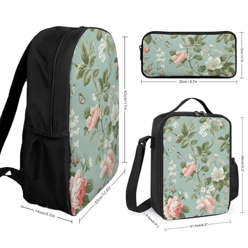 3 Piece Backpack for Women Men Lightweight Causal Daypack Shoulder Bag Set with Insulated Lunch Bag And Pencil Case Organizers Floral Pattern Style2