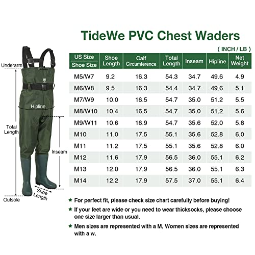 Tidewe Bootfoot Chest Wader, 2-Ply Nylon/Pvc Waterproof Fishing & Hunting Waders With Boot Hanger For Men And Women Green Size 12 #TOP5