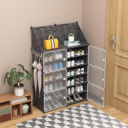 Image of Plastic Shoe Rack for Home | 6 Door 12 Shelf DIY Shoe Rack with Door for Home Storage Plastic Box Organizer, Metal Door Frame, Chappal Slipper Sandals Stand (Blackwhite, 6 Door)