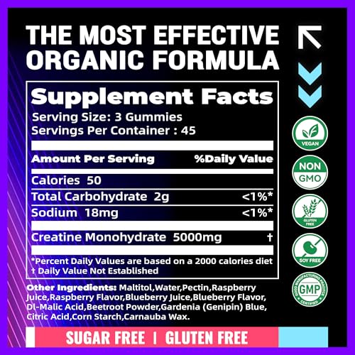 Image of NSF Certified Creatine Gummy 5g - Creatine Monohydrate Gummies - Pre-Workout Energy & Muscle Growth Support for Men & Women | Blueberry Raspberry Electrolyte Gummies (135 Count)