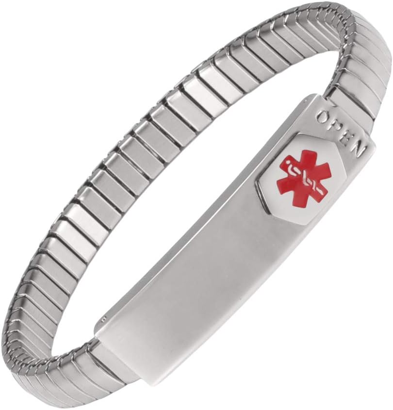 YINOX Medical Alert - Elastisches Armband aus Edelstahl für Damen und Herren in verschiedenen Größen in Silber und Gold