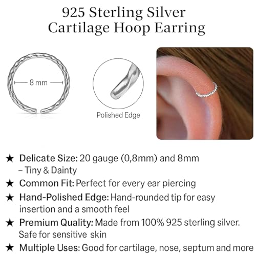 Silver Hoop Helix Piercing Jewelry - Thin Tiny 20 Gauge 8mm Cartilage Earrings for Women - Handmade 925 Sterling Silver Dainty Cartilage Earring Hoop Ring - Gift Ready - View 6