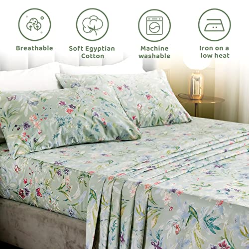 Qsh Floral King Size Sheet Sets - Green Flower Bird Butterfly Print Botanical Bedding Egyptian Cotton Printed Sheets King Size Bed Extra Soft And Breathable 17.5" Deep Pockets Bed Sheets 4Pcs #TOP1