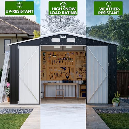 MXV 10 x 8FT Outdoor Storage Shed, Metal Garden Shed with Windows, Double Lockable Doors & Sloped Roof, Magnetic Solar Lamp, Waterproof Tool Sheds for Backyard Garden Patio Lawn, Black by MXV - Image 5