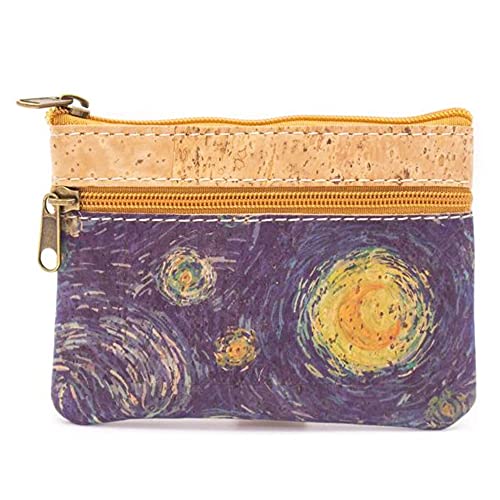 Cork mini wallet pouch handmade, coin purse vegan wallet Van Gogh Starry Night Eco Friendly Sustainable gift Lightweight Durable Waterproof