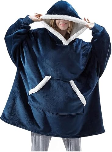 Oversized Hoodie Blanket Fleece Wearable Blanket -Navy Blue