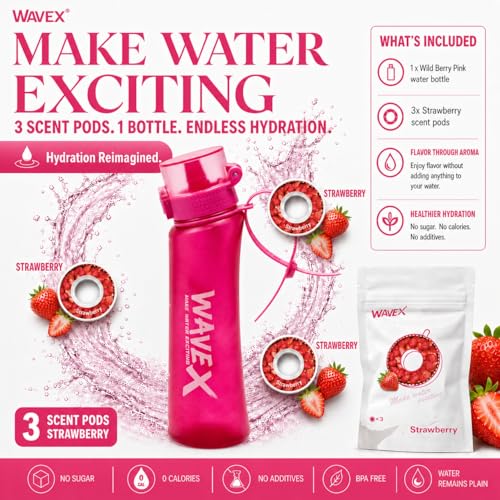 Image of WaveX Scented Water Bottle with 3 Strawberry Scent Pods, BPA Free, Flip Top Lid, Straw & Carry Strap Included, Enhance Hydration with Subtle Aroma Experience, No Sugar or Calories (Wild Berry Pink)
