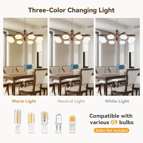 Image of 8-Light Chandelier, Mid Century Gold Chandelier with Milk Glass Shades, Wood Dining Room Light Fixture