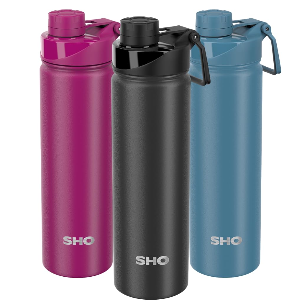 Sho Jet Black Stainless Steel Sports Water Bottle - Leak Proof, Bpa Free, No Sweat, Vacuum Insulated Double Walled Metal Flask - 12 Hours Hot 24 Hours Cold (660Ml )