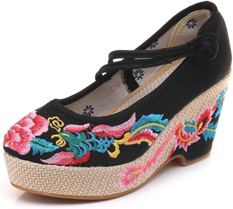 JJZXD 刺繍女性キャンバスチャンキーヒールプラットフォームシューズスラッシュバックルレディース厚い底のエスパドリルポンプ (Co