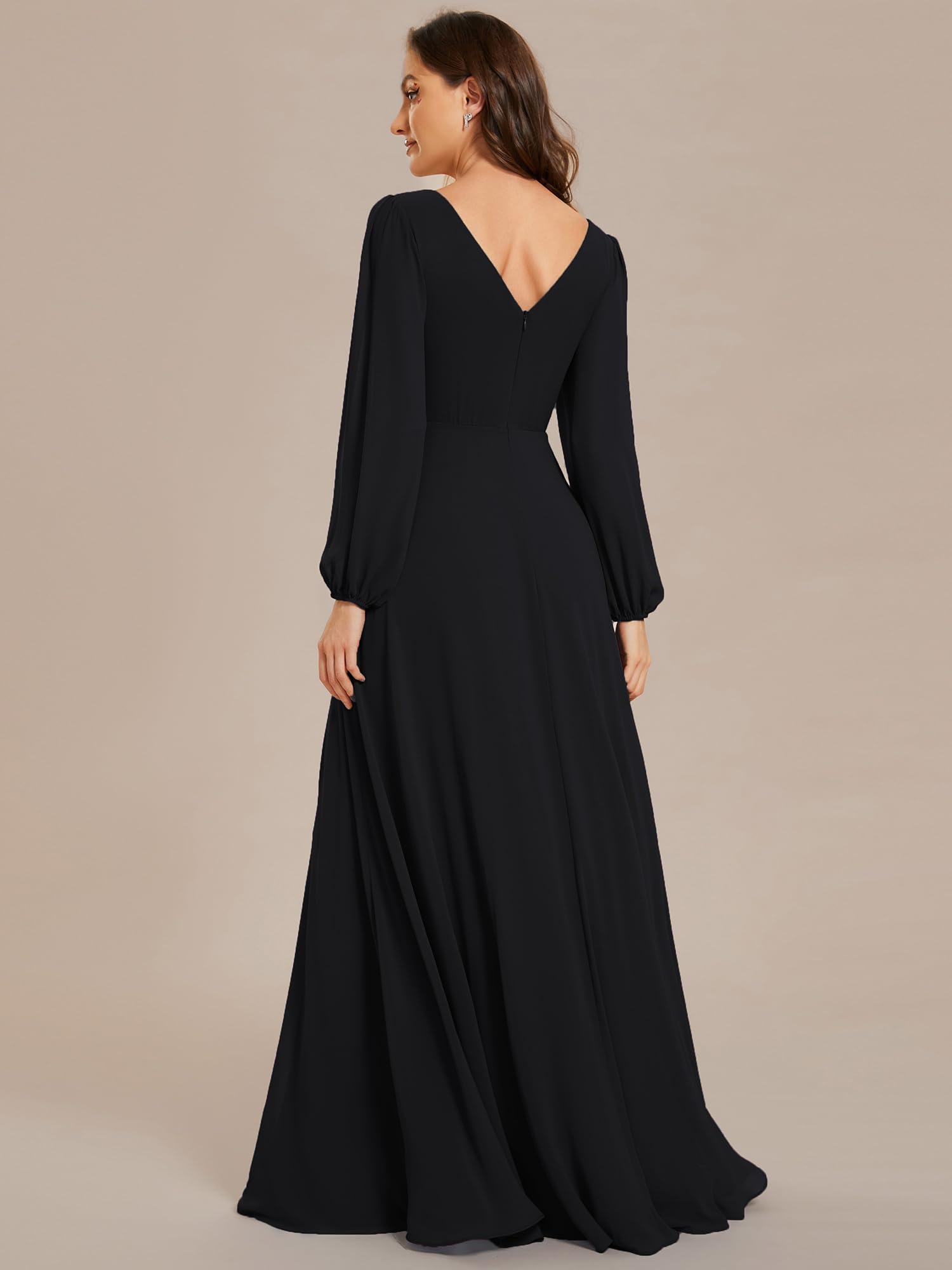 Ever-Pretty Abendkleider Elegant Für Hochzeit Lang Langarm Chiffonkleid Damen A Linie Maxi V-Ausschnitt Wedding Guest Dress EE01981