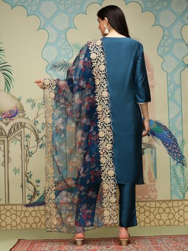 Image of ishin Notch Neck Thread Work Silk Crepe Straight Kurta with Trousers & Dupatta | Kurta set for women | Kurta with trousers and dupatta
