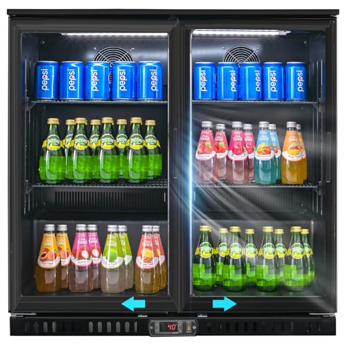 Bluelinecool Back Bar Cooler with 2 Glass Sliding Doors, 7.4 cu.ft Under Counter Beverage Refrigerator, Mini Fridge Cooler with LED Lighting for Soda Drinks, Beer, Wine