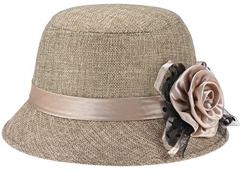 Glamorstar Vintage Felt Cloche Hat Winter Floral Fedora Bucket Hat Bowler Hats (as1 Alpha one_Size Khaki)