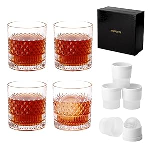 PIPITA Kristall Whiskyglas Set mit 4 Eiskugelformen und einer Luxusbox, bleifreier Whisky Tumbler Kristall 335 ml…