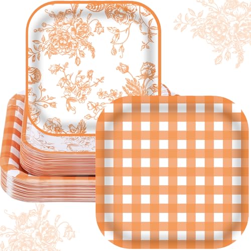 Havawish 100 Pcs Fall Floral Paper Plates Set, 7 in 9 in Autumn Orange Gingham Floral Square Disposable Plate Dinnerware for Fall Picnic Wedding Baby Shower Birthday Thanksgiving Party(Orange)