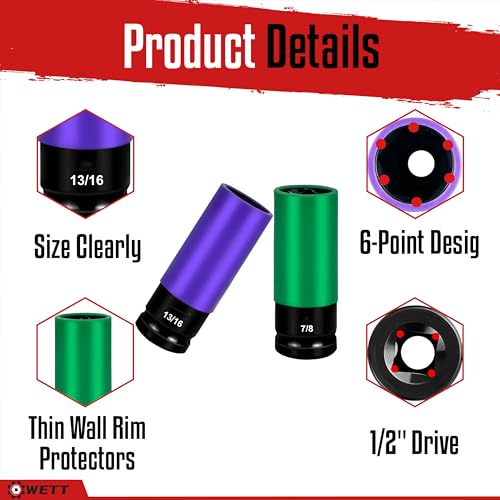 Image of WETT 1 /2-Inch Drive Lug Nut Socket Set, 5-Piece Wheel Protector Thin Wall Deep Impact Socket with Color-Coded Protective, (Metric 17mm, 19mm, 21mm & SAE 13 /16 inch 7 /8 inch) CR-V Steel, 6 Point, Non-Marring
