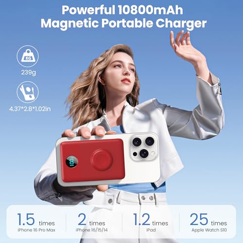 Image of 6 in 1 Magnetic Portable Charger for iPhone with Built-in Cables, 10800mAh 25W PD Fast Charging Power Bank, 6 Outputs Travel Essential Battery Pack for iPhone 17 /16 /15 /14 /13 /12,Apple Watch (Red)
