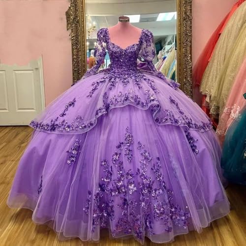 Sparkly Lace Flower Square Neck Asymmetrical Puffy Skirt Quinceanera Prom Dresses Long Illusion Sleeves 20252