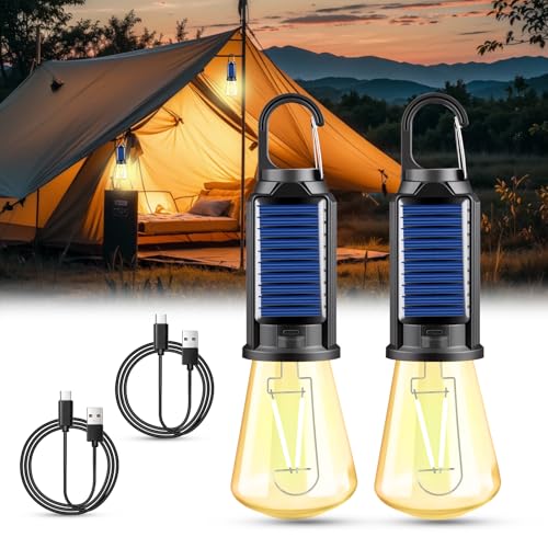 2 Stücke Campinglampe Aufladbar, LED Camping Licht Solar Glühbirne mit 3 Lichtmodi, Wasserdicht Zeltlampe zum Aufhängen für Camping, Abenteuer, Stromausfall, Wandern, Notfall