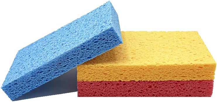 Kaufibre Heavy Duty Cellulose Kitchen Sponges - Scratch-Free Super Absorbent for Dishes, Cast Iron Pans & Cookware, Reusable Multi-Surface Easy Rinse 3-Pack