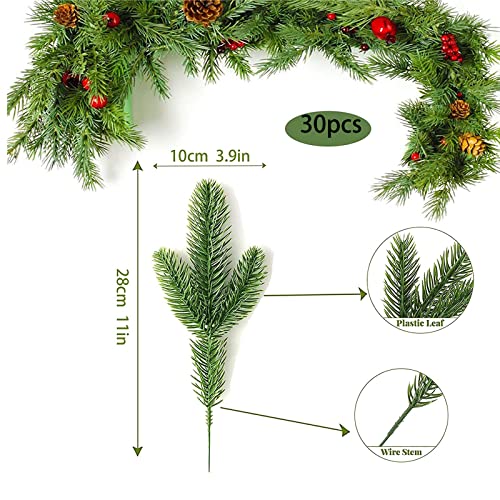 30Pcs Artificial Pine Branches, Green Leaves Needle Faux Fir Tree Branches Christmas Foliage,Fake Pine Leaves Wreath Garland Making Supplies Greenery Decoration DIYChristmas Home Garden Decoration - Image 2