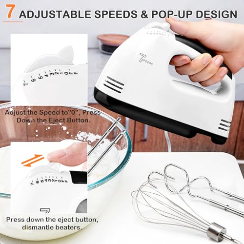 Image of Electric Hand mixer - 7 Adjustable Speed 180W Handheld Mixer Electric Whisk with 5 Stainless Steel Accessories, Turbo Boost /Self-Control Speed + Eject Button Food Beater for Cakes Eggs, Off-white