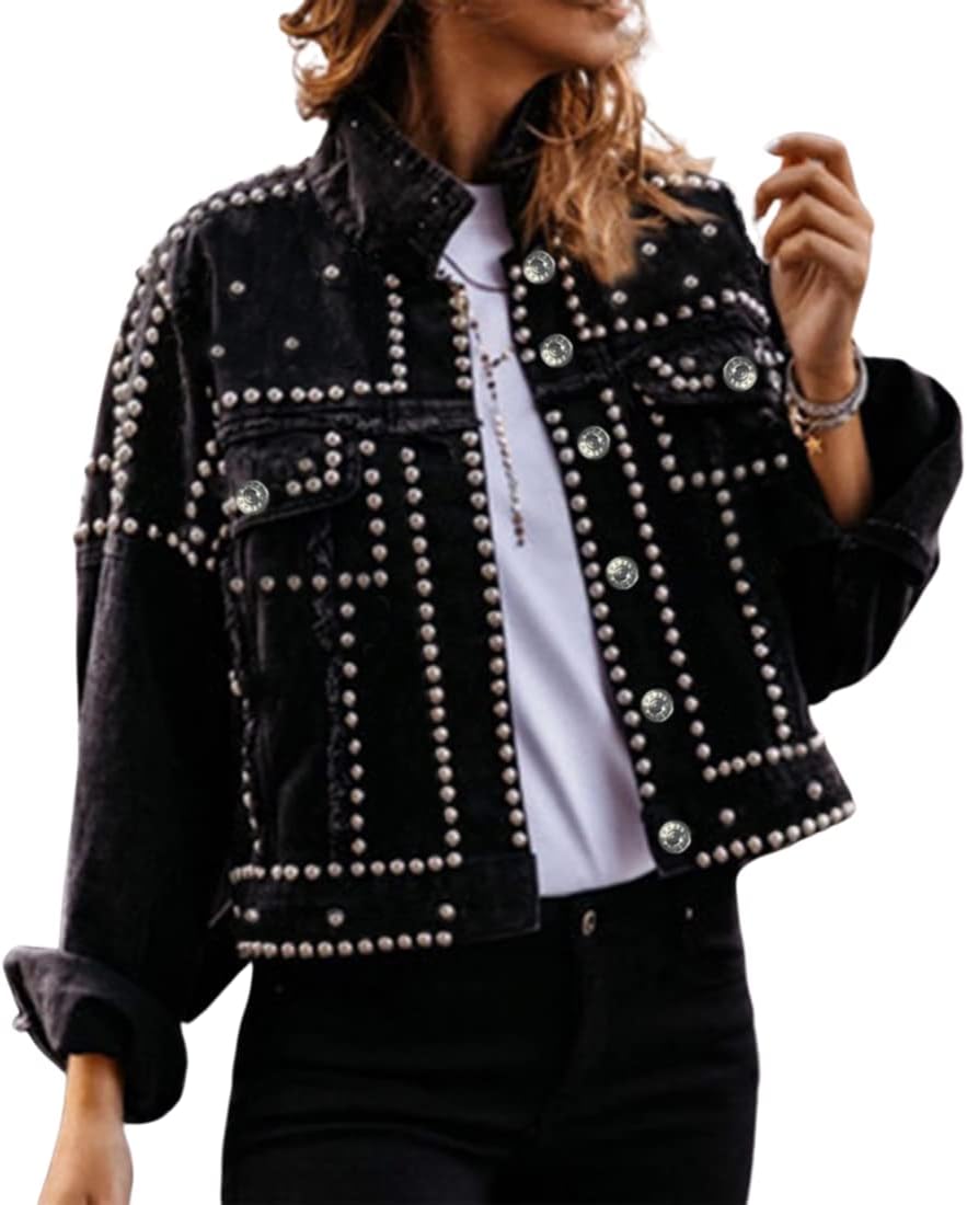 PUWEI Dressy Rivet Studded White Cropped Jean Jacket Women Western Distressed Washed Denim Coat